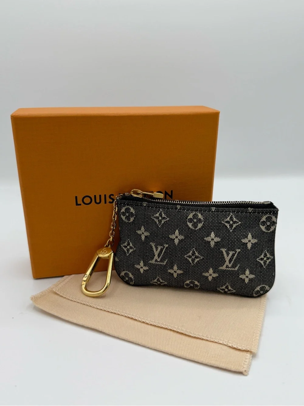 Louis Vuitton Black and Cream DenimMonogram Key Cles Pouch with Gold Hardware